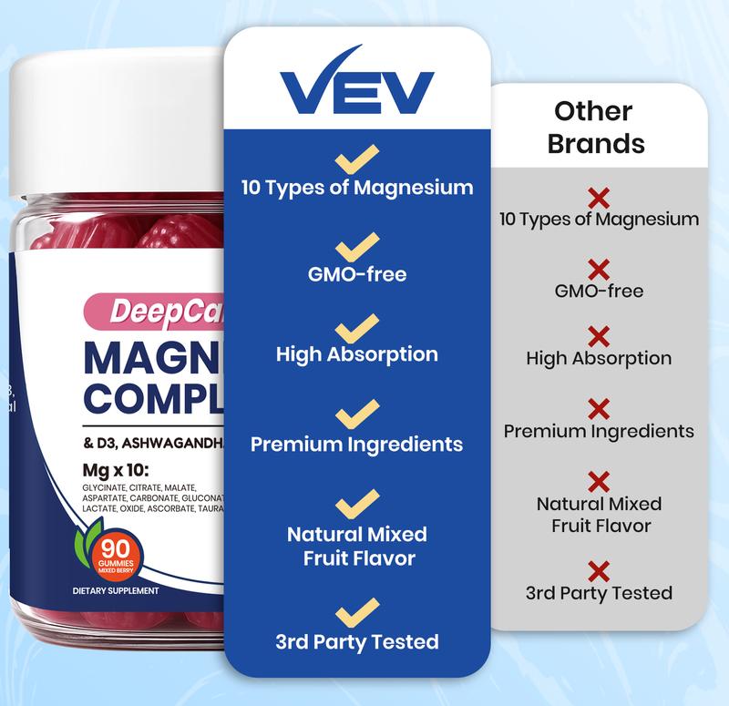 VEV 14-In-1 Magnesium Supplement– with Ashwagandha, L-Theanine, Vitamin D3 & Zinc, 90 Gummies