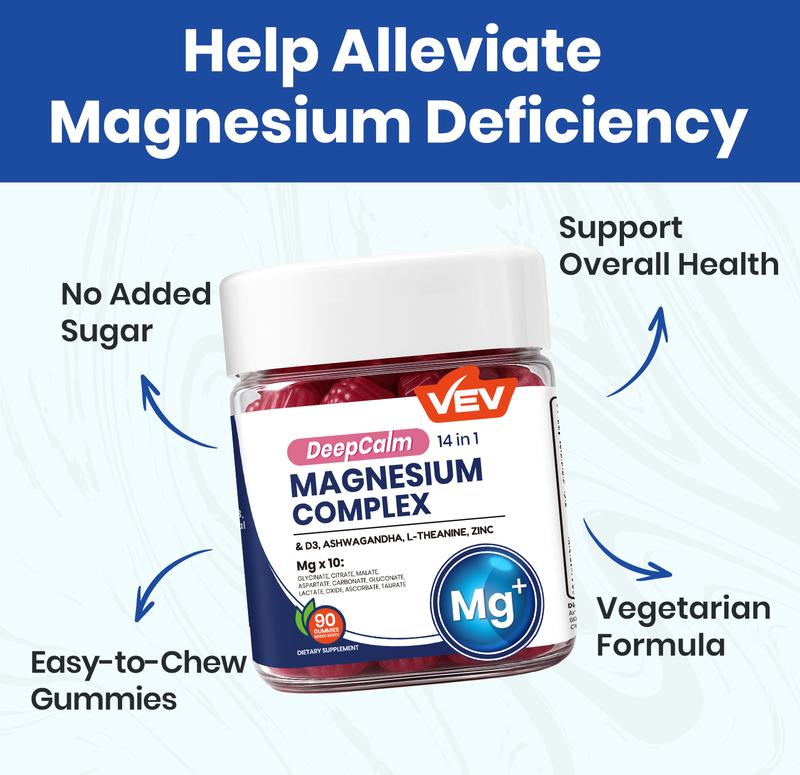 VEV 14-In-1 Magnesium Supplement– with Ashwagandha, L-Theanine, Vitamin D3 & Zinc, 90 Gummies