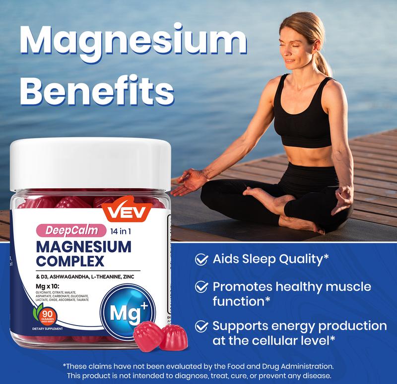 VEV 14-In-1 Magnesium Supplement– with Ashwagandha, L-Theanine, Vitamin D3 & Zinc, 90 Gummies