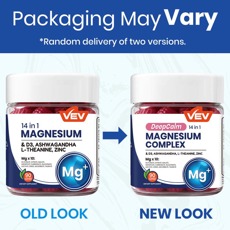 VEV 14-In-1 Magnesium Supplement– with Ashwagandha, L-Theanine, Vitamin D3 & Zinc, 90 Gummies