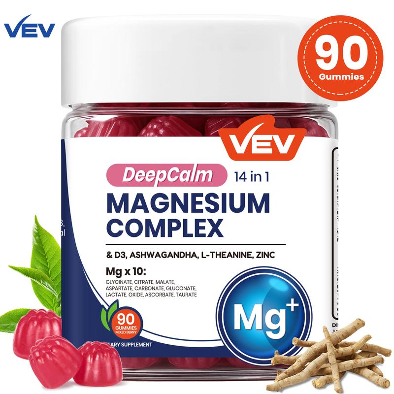 VEV 14-In-1 Magnesium Supplement– with Ashwagandha, L-Theanine, Vitamin D3 & Zinc, 90 Gummies